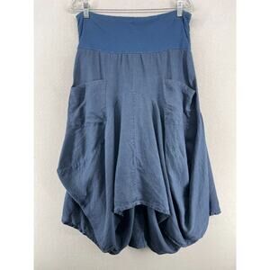 LUNA LUZ Skirt M 100% Linen Francesca Lagenlook Architectural Midi Pull On Blue